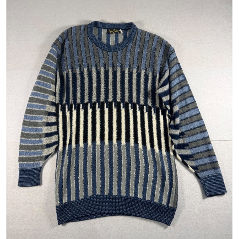 Vintage Alan Stuart Mens Blue Geometric Stripe Knit Crewneck Sweater USA Made M